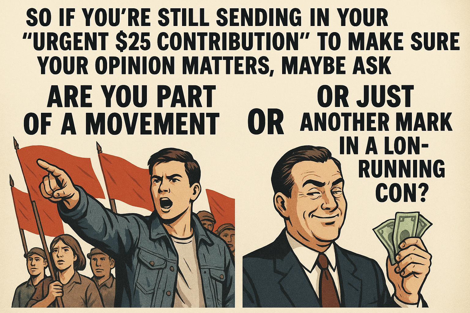 20251020 1129 questioning political contributions simple compose 01k81e163gfnerz6hsry6w1nht