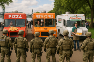 20251021 0824 Food Trucks vs Guard simple compose 01k83nsj7jefst8p2yqcpjtmzq